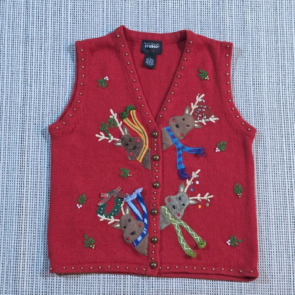 Designers Originals Studio Deer Applique Beaded Women's Red Christmas Vest Sz S